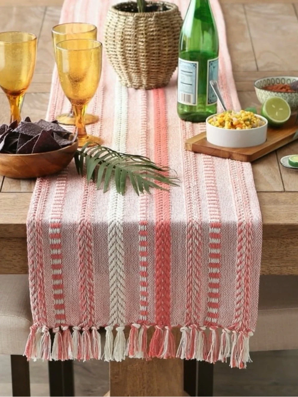 Striped Coral and Cream Woven Table Runner